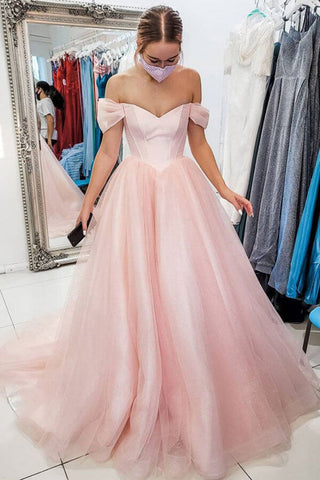 Robe de bal longue en tulle coupe trapèze épaules dénudées, robe de soirée avec traîne