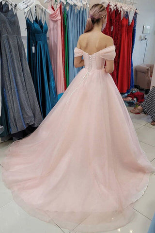 Robe de bal longue en tulle coupe trapèze épaules dénudées, robe de soirée avec traîne