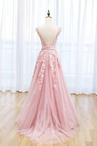 Tulle A-line Scoop Lace Prom Dresses With Train, Long Formal Dresses