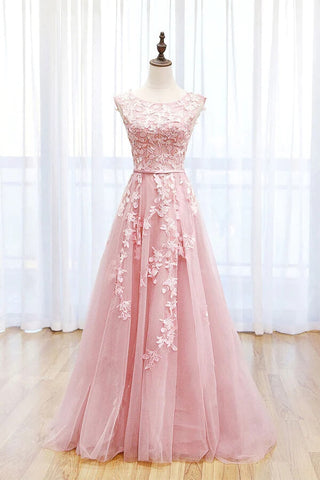 Tulle A-line Scoop Lace Prom Dresses With Train, Long Formal Dresses