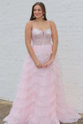 Tulle A-line Spaghetti Straps Plunging Neck Lace Prom Dresses
