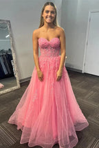 Tulle A-line Strapless Sequined Long Prom Dresses With Appliques