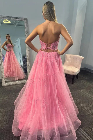 Tulle A-line Strapless Sequined Long Prom Dresses With Appliques