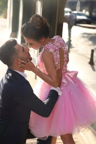 Robe de bal courte en tulle ornée de fleurs faites à la main, robe de retour à la maison