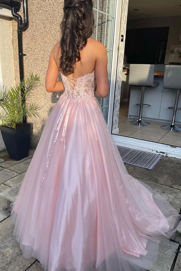Tulle Lace A-line Sweetheart Prom Dresses, Long Formal Dresses