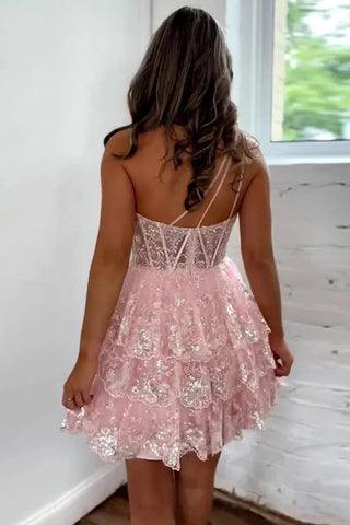 Robes de bal courtes en tulle rose asymétrique avec applications de dentelle,