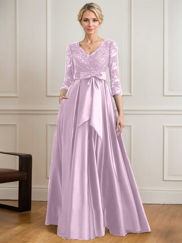A-line V-Neck Floor-Length Satin Lace Mother of the Bride Dress With Sequins Bow