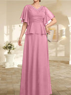 Vestido de gasa de corte A, escote en V, largo hasta el suelo, para la madre de la novia, con plisados ​​y cuentas.