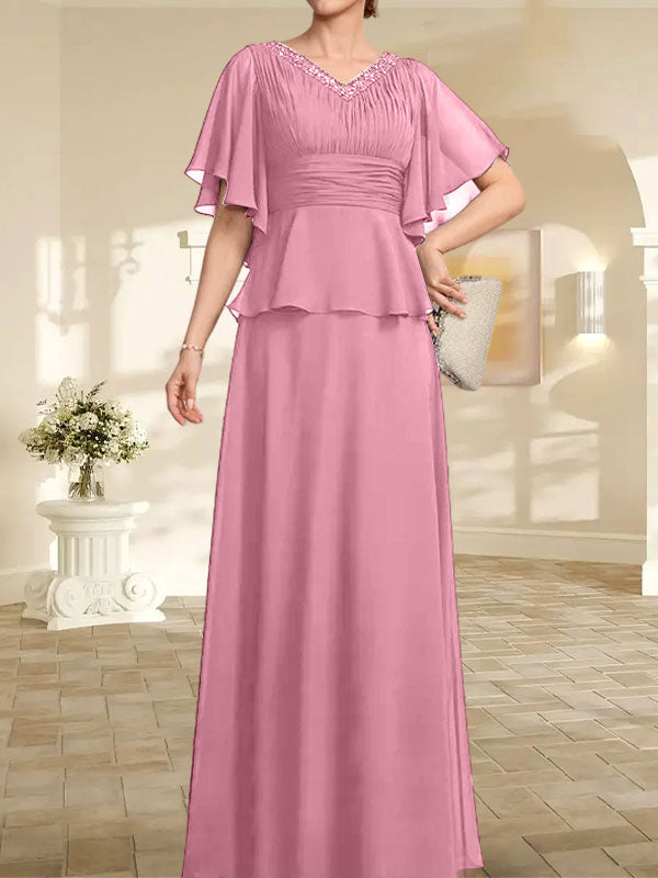 Vestido de gasa de corte A, escote en V, largo hasta el suelo, para la madre de la novia, con plisados ​​y cuentas.