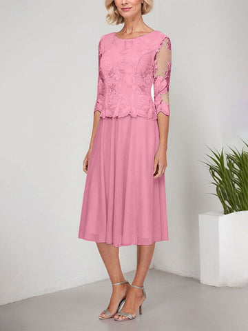 A-line Scoop Tea-Length Lace Chiffon Mother of the Bride Dress With Embroidery