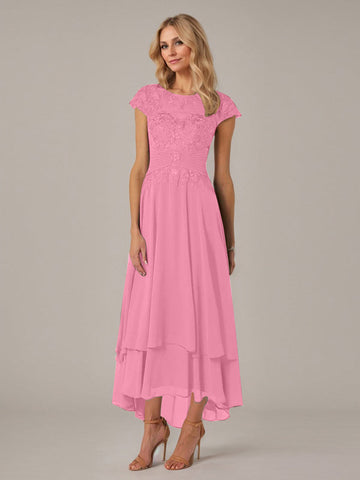 A-line Boat Neck Illusion Asymmetrical Chiffon Lace Mother of the Bride Dress With Applique Pleats