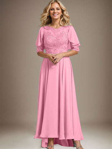 A-line Scoop Illusion Asymmetrical Chiffon Lace Mother of the Bride Dress With Beading