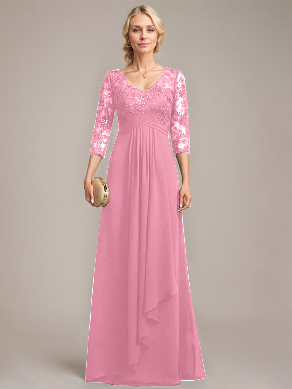 Vestido de novia de corte línea A, escote en V, largo hasta el suelo, de gasa de encaje con volantes en cascada y lentejuelas. 