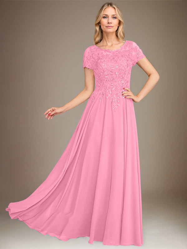 Vestido de corte A, escote redondo, largo hasta el suelo, de gasa, para la madre de la novia, con apliques y lentejuelas. 