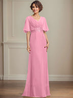 Vestido de corte A, escote en V, largo hasta el suelo, de gasa, para la madre de la novia, con apliques de lentejuelas plisadas y encaje.