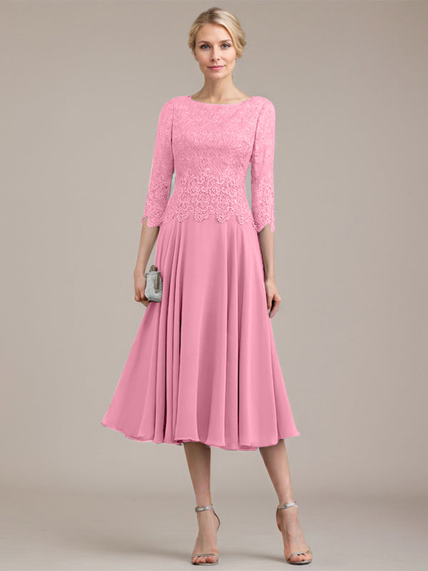 Vestido de corte A con escote redondo y largo hasta la rodilla en gasa de encaje para la madre de la novia 