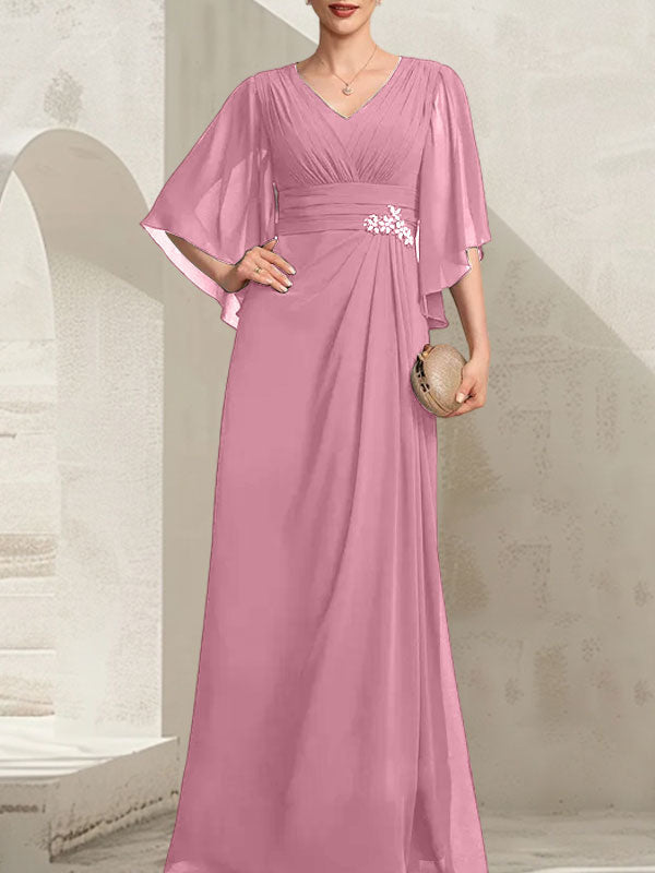 Vestido de corte recto/columna, escote en V, largo hasta el suelo, de gasa, para la madre de la novia, con lentejuelas plisadas y pedrería.