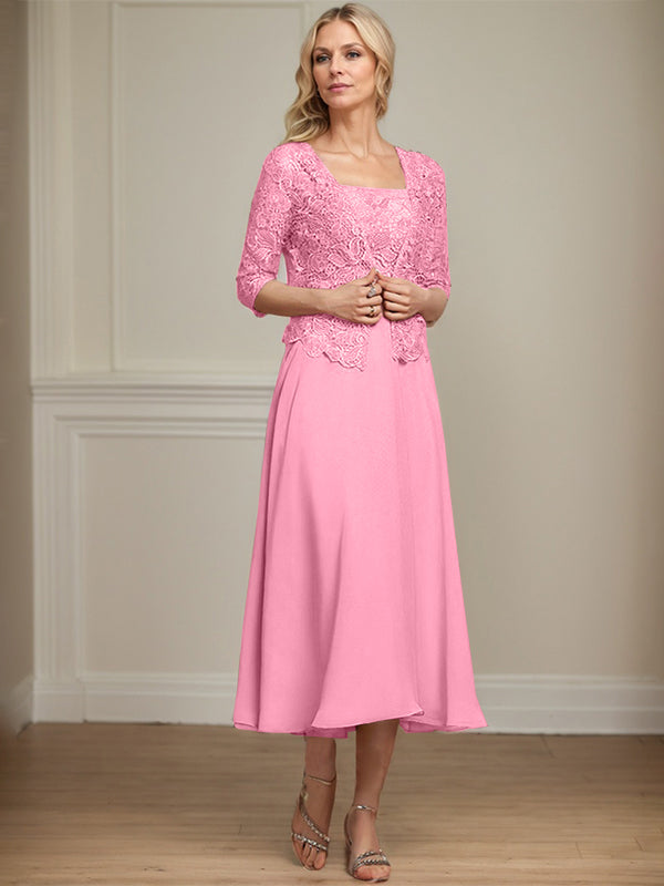 Vestido de corte A, largo midi, de gasa, encaje y lentejuelas para la madre de la novia. 