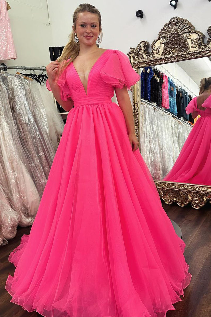 Vestido largo de fiesta naranja con escote en V pronunciado, mangas con volantes y corte en A