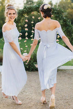 Vestidos de dama de honor de gasa plisada con encaje, corte en A, hombros descubiertos y manga corta 