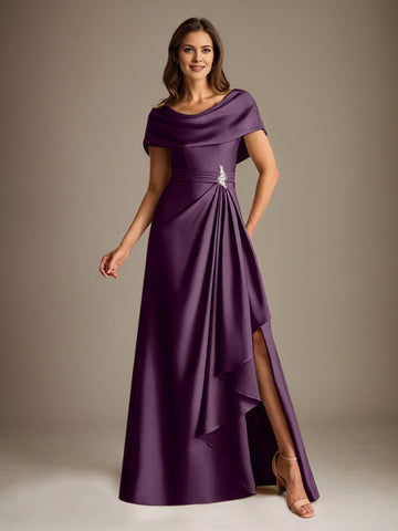 A-Line Scoop Floor-Length Stretch Satin Mother of the Bride Dress With Cascading Ruffles