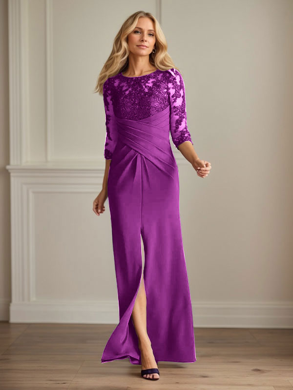 Vestido de madrina de la novia color ciruela, de encaje elástico y corte sirena. 