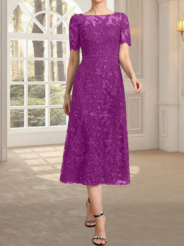 Robe de mère de la mariée en dentelle à sequins, coupe trapèze, décolleté illusion, longueur thé
