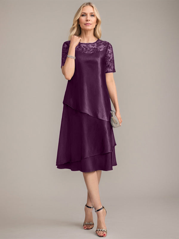 Vestido de corte A, escote redondo, largo hasta la rodilla, para la madre de la novia, con apliques y lentejuelas. 