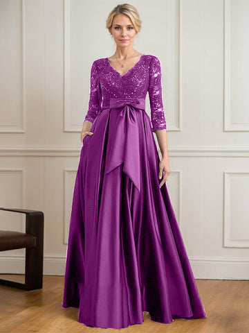 A-line V-Neck Floor-Length Satin Lace Mother of the Bride Dress With Sequins Bow