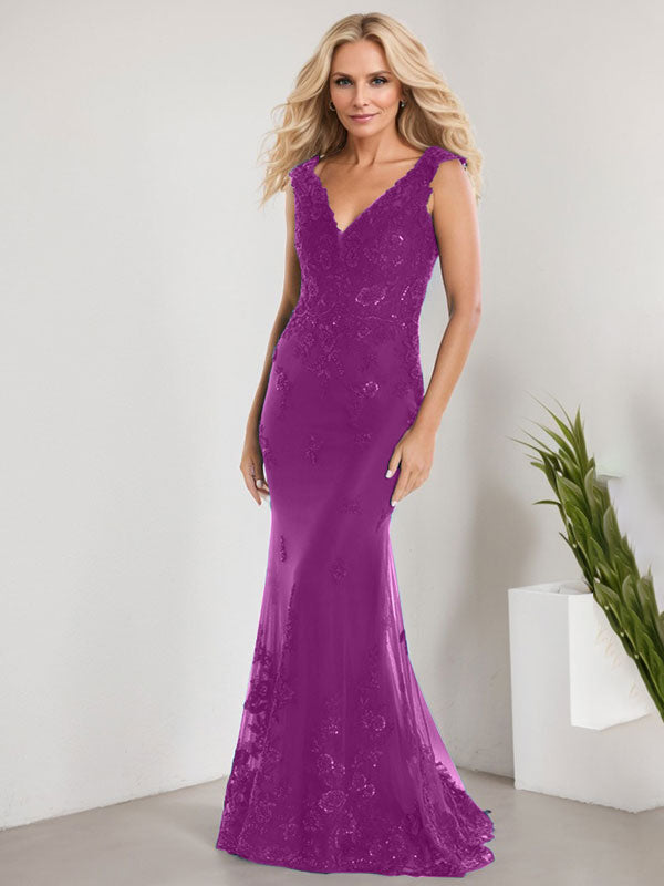Vestido de sirena para la madre de la novia, corte sirena, escote en V, largo hasta el suelo, de gasa de encaje con apliques de lentejuelas. 