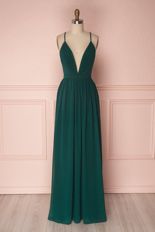 Robe de demoiselle d'honneur vert foncé coupe trapèze VMB31