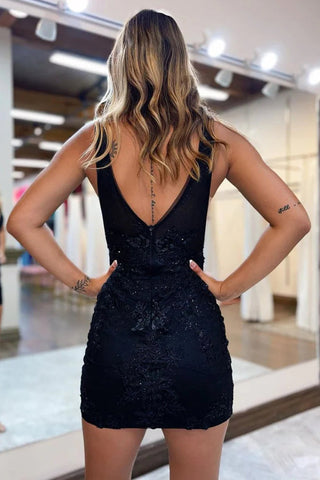 Plunging V-Neck Lavender Straps Appliques Illusion Homecoming Dress PD470