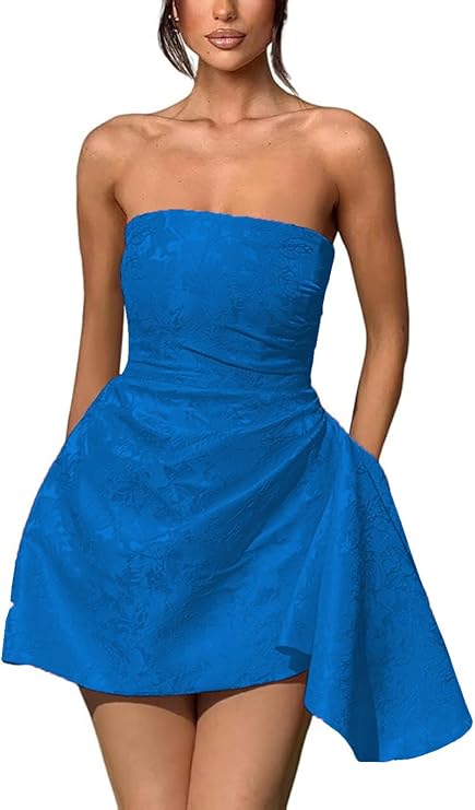 Vestido corto de fiesta de bienvenida, sin tirantes, corte en A, de satén jacquard, asimétrico, con cordones.