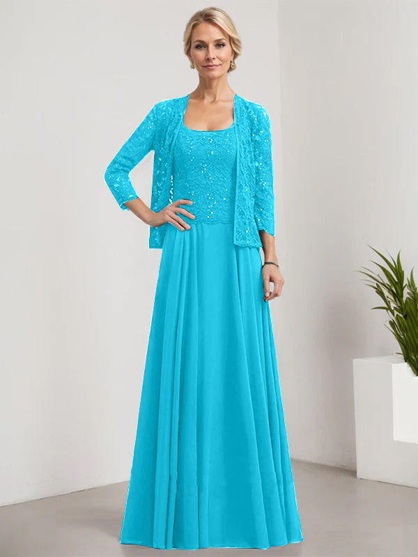 Vestido de corte A, cuadrado, largo hasta el suelo, de encaje y gasa con lentejuelas para la madre de la novia 