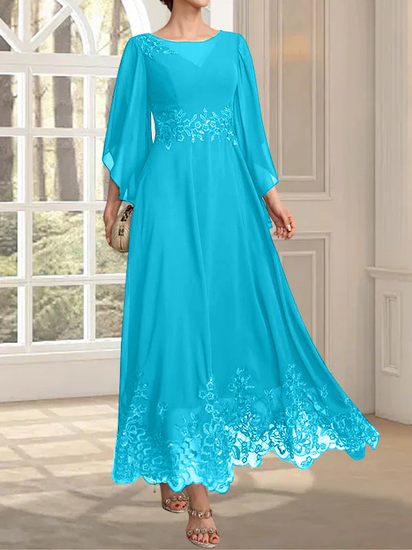Robe de mère de la mariée en mousseline de dentelle, coupe trapèze, décolleté illusion, longueur cheville, ornée de sequins 