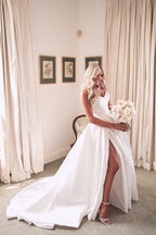 Robes de mariée populaires à plis, décolleté en cœur, fente latérale, robe de mariée en satin ornée d'appliqués, confectionnées sur mesure par un fabricant.