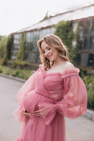 Vestido rosa de embarazo, largo hasta el suelo, para baby shower