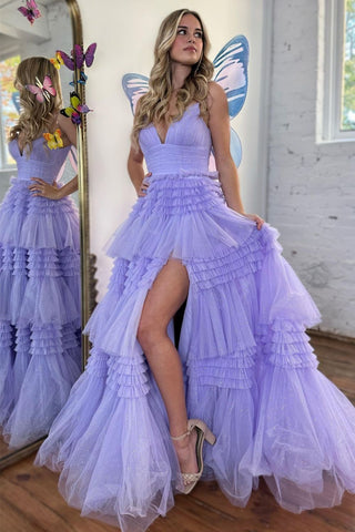 A-Line Spaghetti Straps Long Tiered Tulle Prom Dress With Split