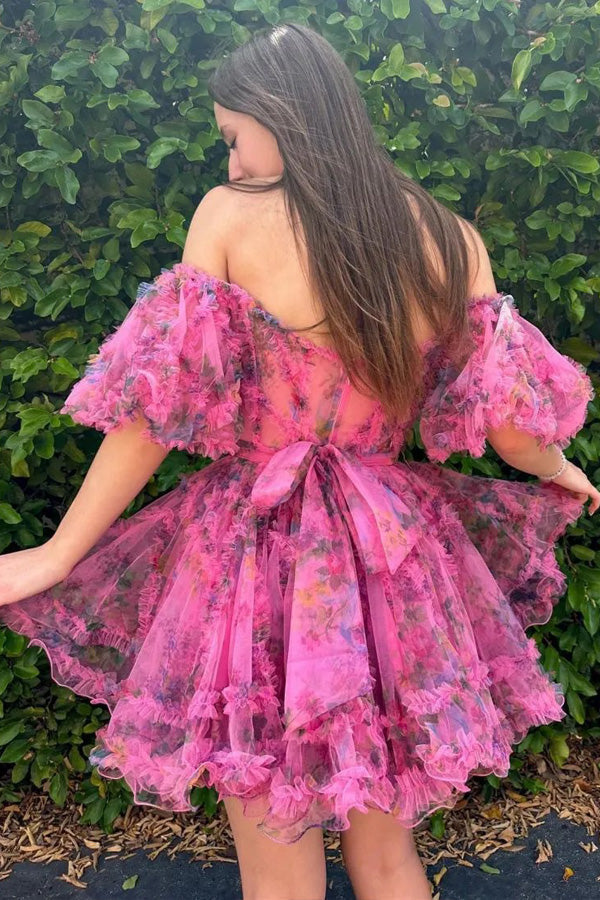 Robe de princesse fuchsia à manches bouffantes et coupe trapèze pour bal de fin d'année PD532