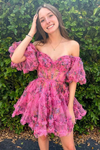 Precioso vestido de princesa corte en A con mangas abullonadas color fucsia para baile de bienvenida PD532