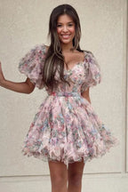 Robe de princesse fuchsia à manches bouffantes et coupe trapèze pour bal de fin d'année PD532
