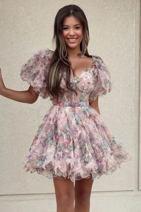 Robe de princesse fuchsia à manches bouffantes et coupe trapèze pour bal de fin d'année PD532
