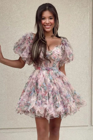 Precioso vestido de princesa corte en A con mangas abullonadas color fucsia para baile de bienvenida PD532