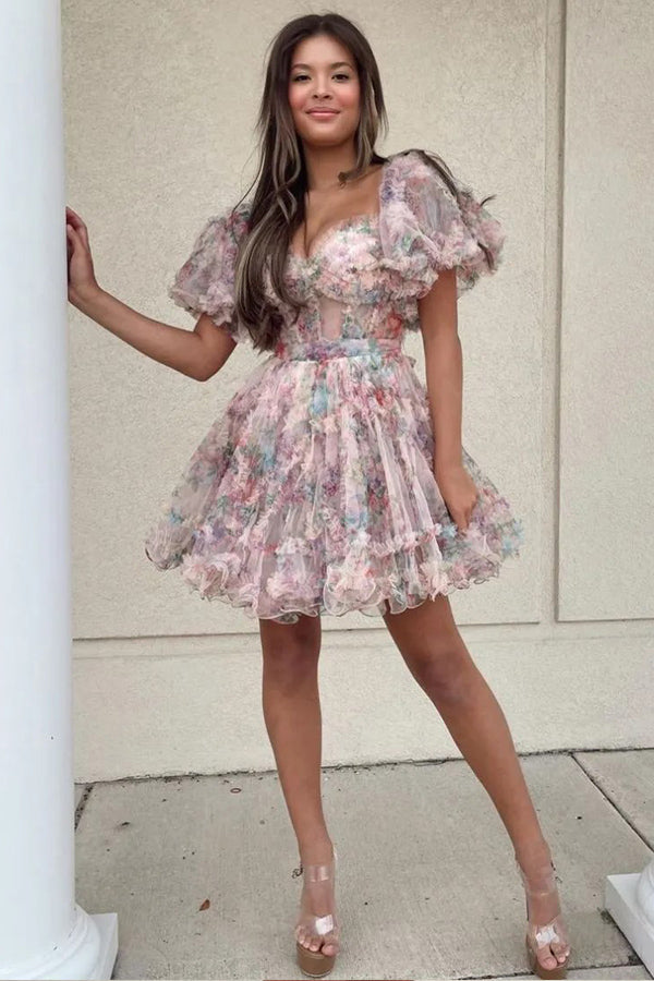 Robe de princesse fuchsia à manches bouffantes et coupe trapèze pour bal de fin d'année PD532