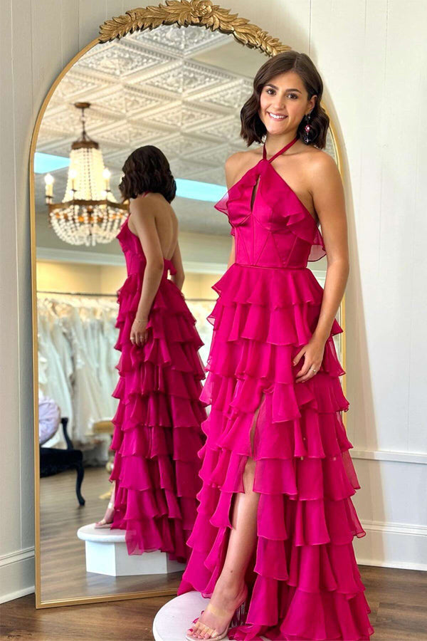 Precioso vestido largo de fiesta fucsia con cuello halter y volantes PSK577