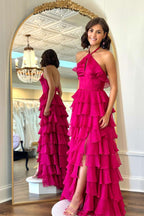 Precioso vestido largo de fiesta fucsia con cuello halter y volantes PSK577