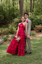 Precioso vestido largo de fiesta fucsia con cuello halter y volantes PSK577