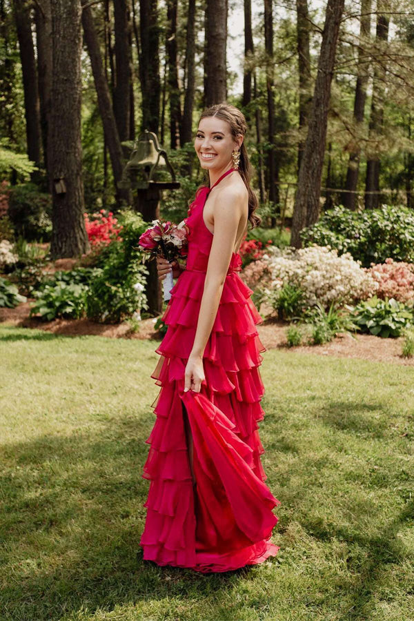 Precioso vestido largo de fiesta fucsia con cuello halter y volantes PSK577