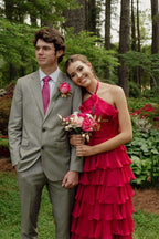 Precioso vestido largo de fiesta fucsia con cuello halter y volantes PSK577
