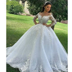 Robes de mariée princesse style bal 2023, col rond, manches longues, robe de mariée à lacets et applications perlées, Suknie Slubne